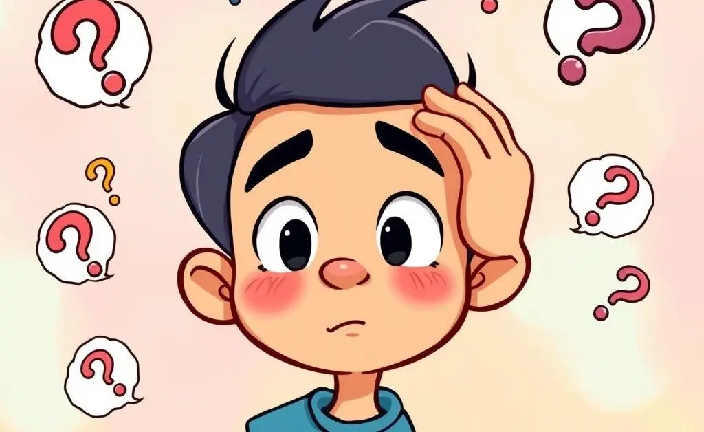 A person scratching their head with thought bubbles of questions.