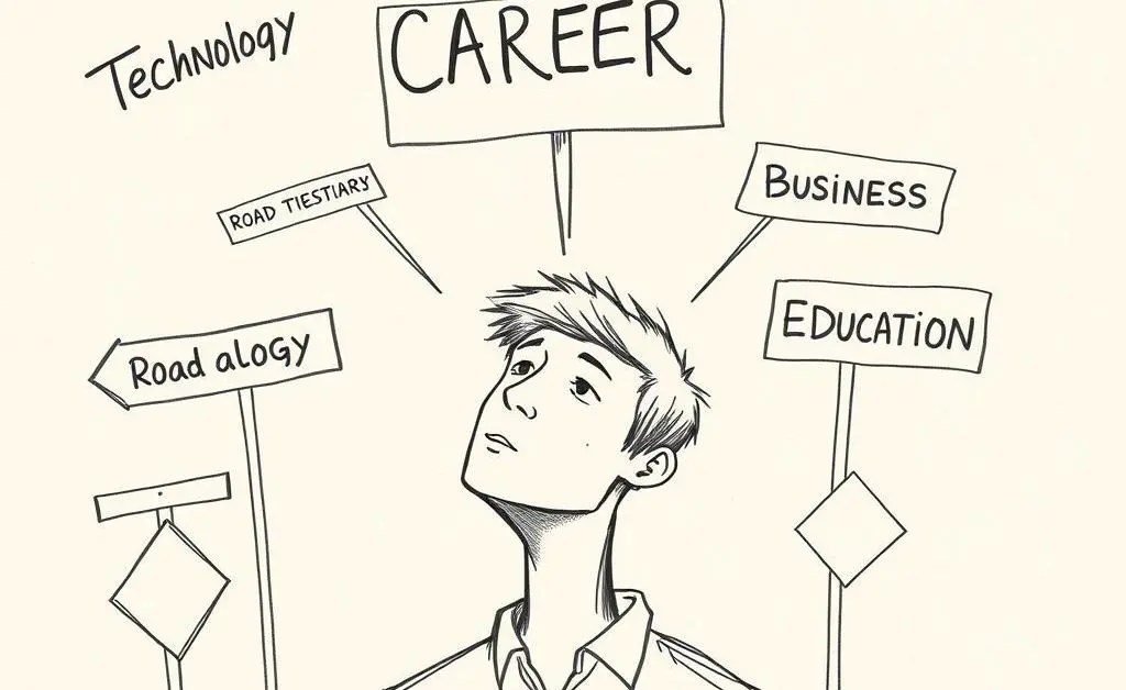 A hand-drawn person contemplating various career paths represented by road signs.