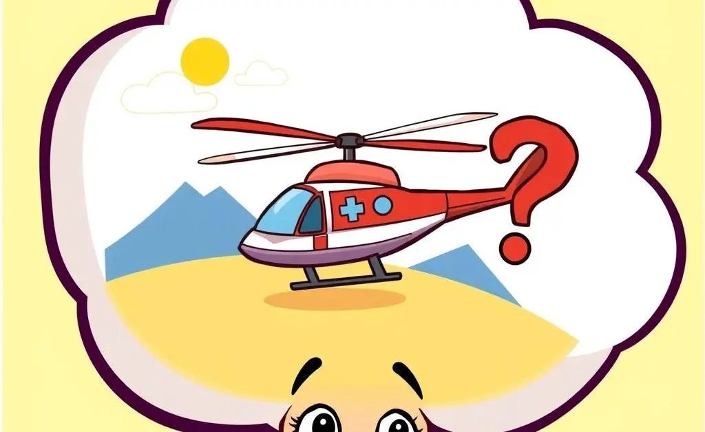 A cartoon person with a thought bubble showing a medical helicopter and a question mark.