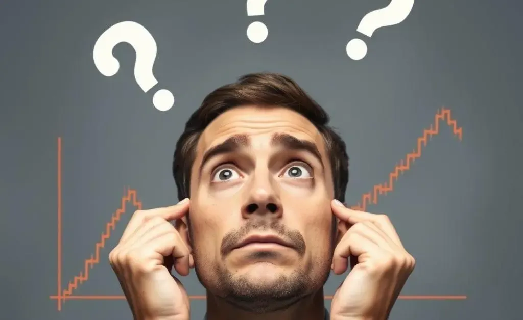 Person puzzled by stock graph with question marks.