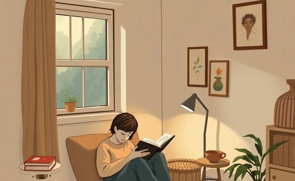 A cozy corner in a room with a person reading a book peacefully