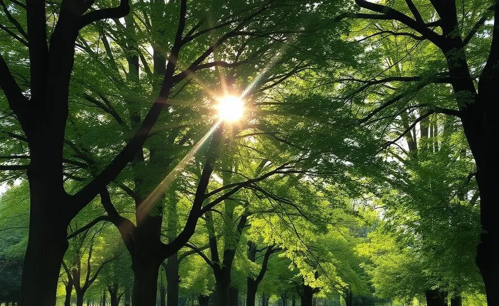 A serene park path with trees and sunrays filtering through leaves