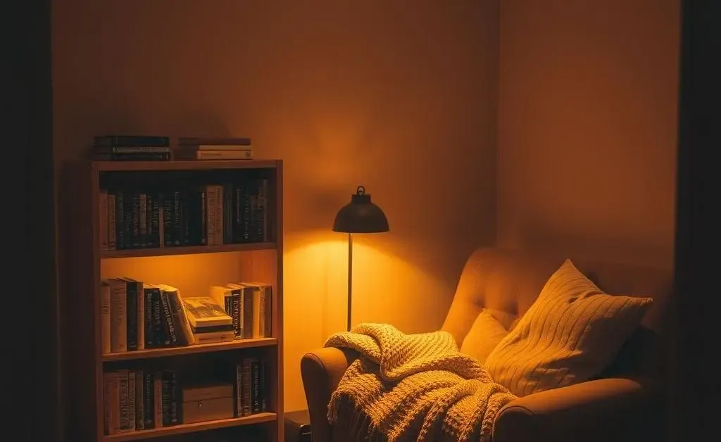 A quiet reading nook with a comfy chair and a small bookshelf