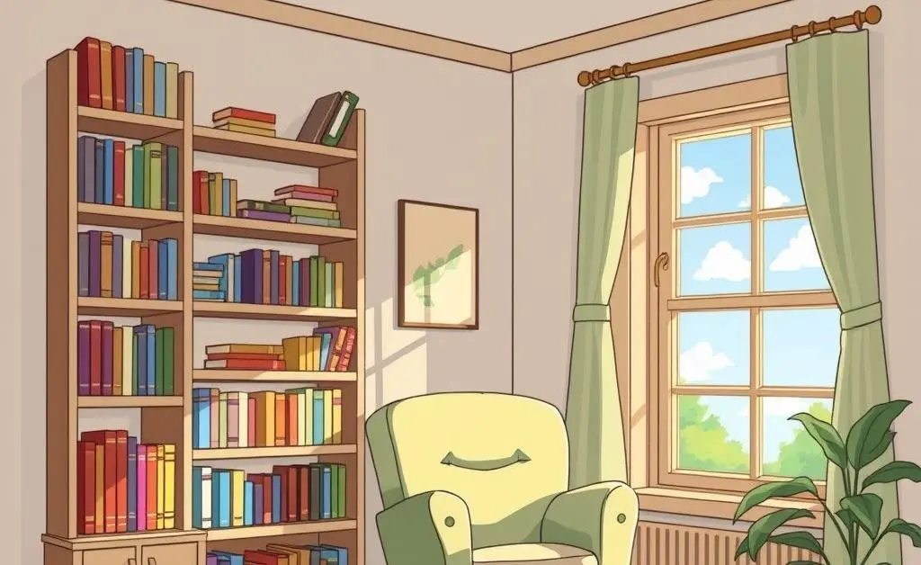 A cozy room with bookshelves, a chair, and a window showing a beautiful day