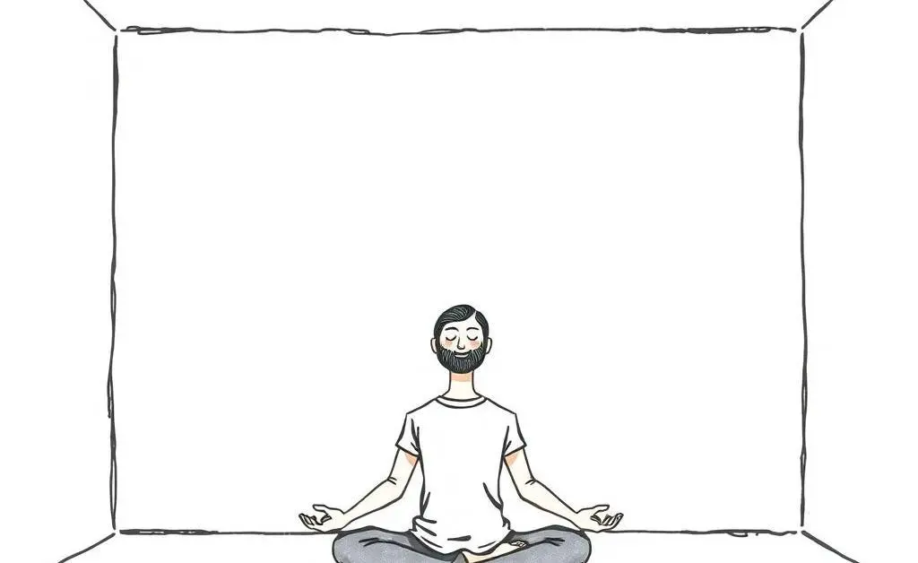 A hand-drawn scene of a person meditating peacefully in a minimalist room