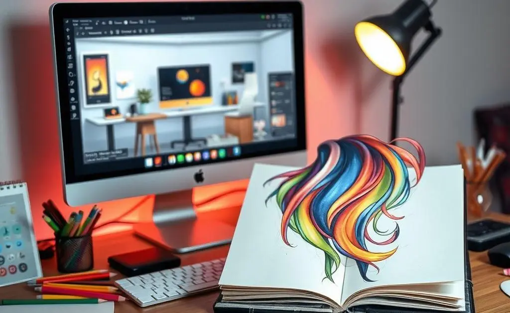 A creative workspace with a sketch of a person with rainbow-colored hair on a notebook.