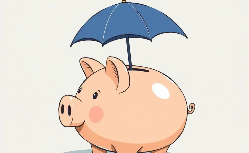 An illustration of a piggy bank with an umbrella over it, symbolizing savings for a rainy day.