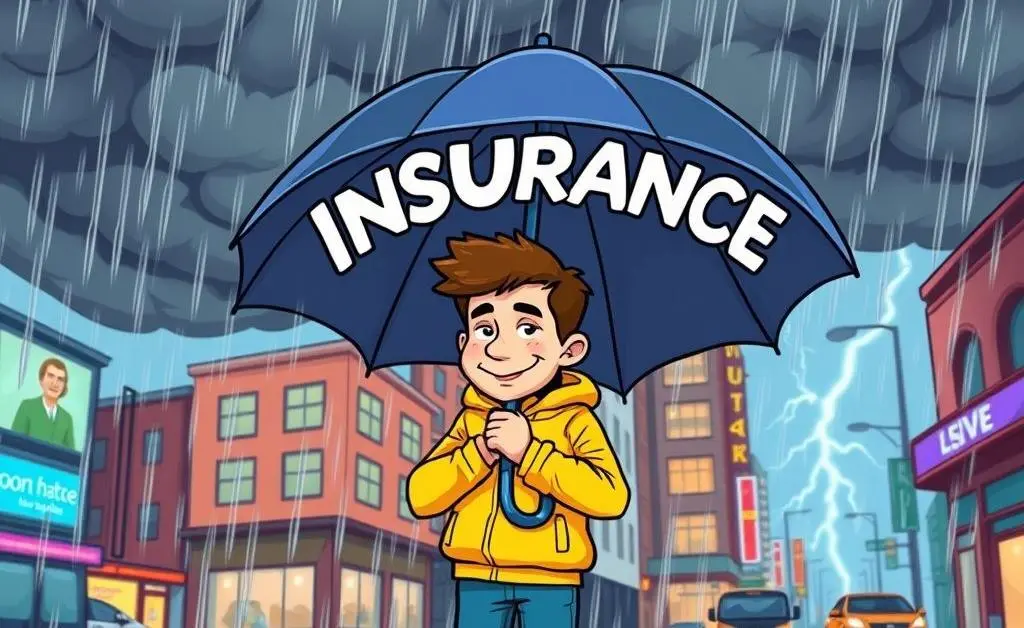 Person with an insurance-labeled umbrella in rain