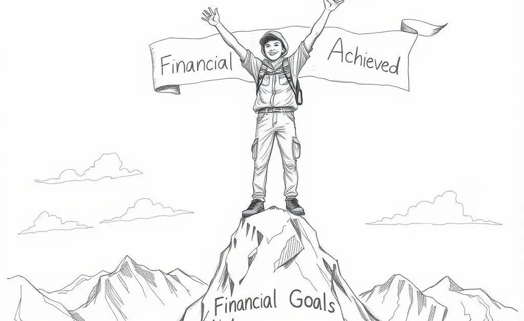 A hand-drawn design of a person celebrating atop a mountain peak labeled 'Financial Goals Achieved'.