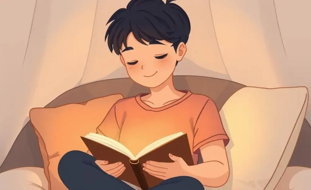 An illustration of a person relaxed and content while reading a book.