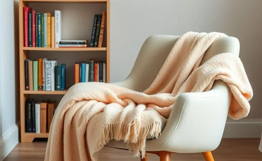 A comfortable reading chair with a soft blanket draped over it and a small bookshelf in the background