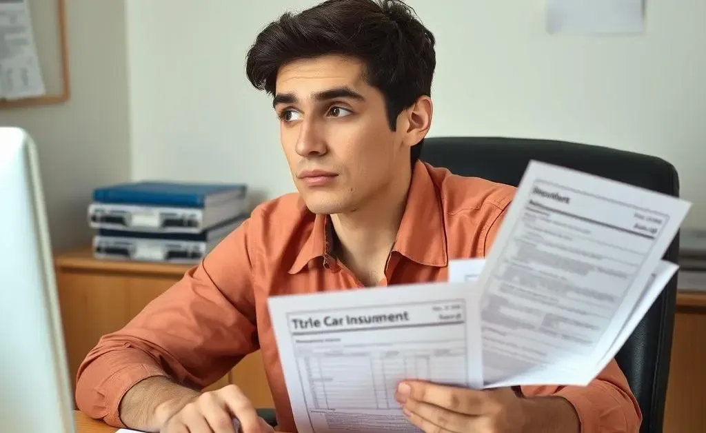 Someone sitting at a desk with a bunch of car insurance paperwork, looking thoughtful.