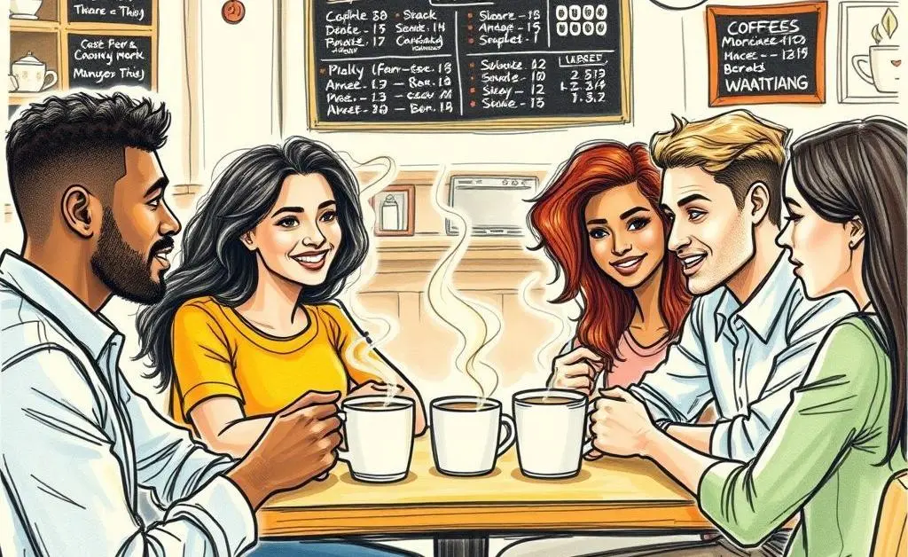 Group of people discussing job reports over coffee