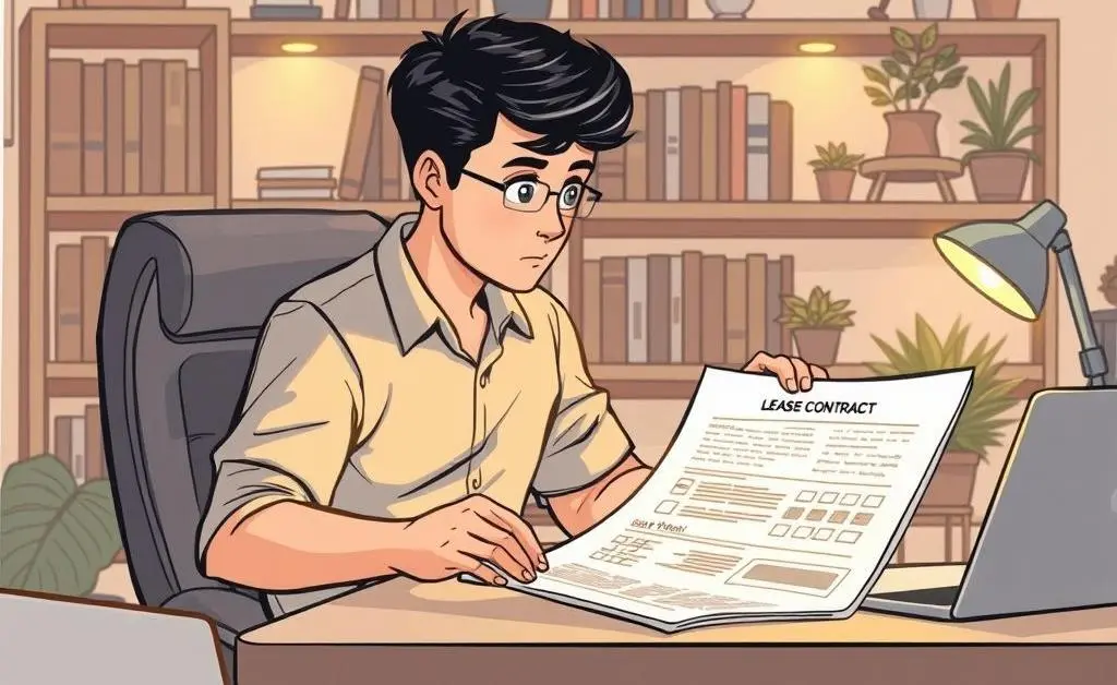 A person at a desk reviewing a detailed lease agreement