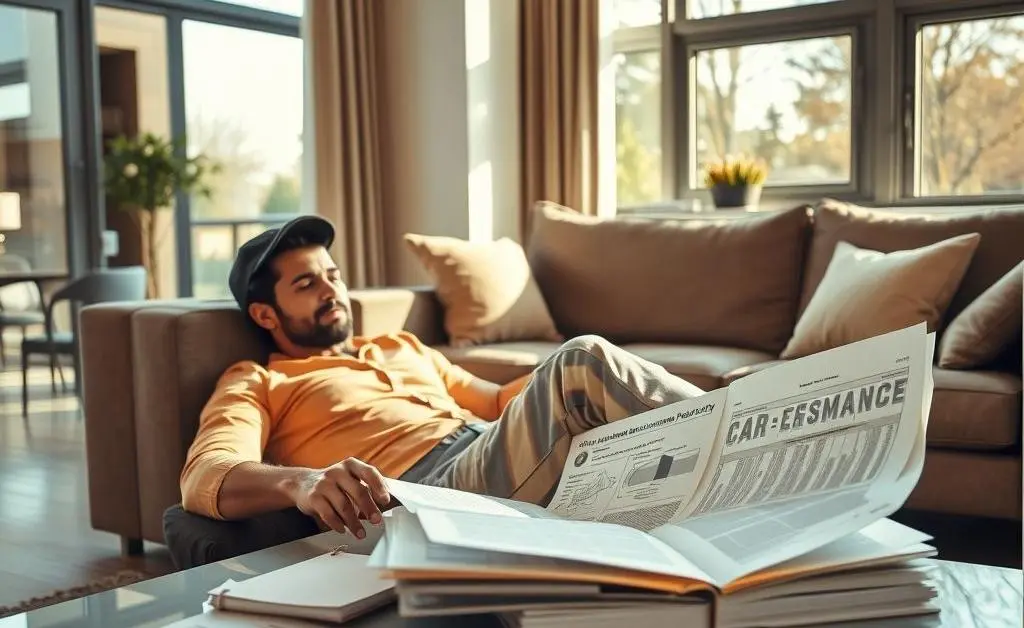 Person sitting comfortably reading car insurance policy documents.