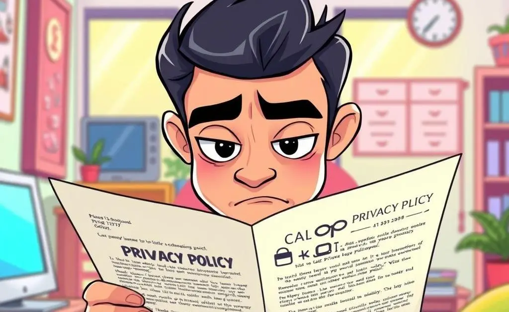 Someone reading a privacy policy document with a skeptical look