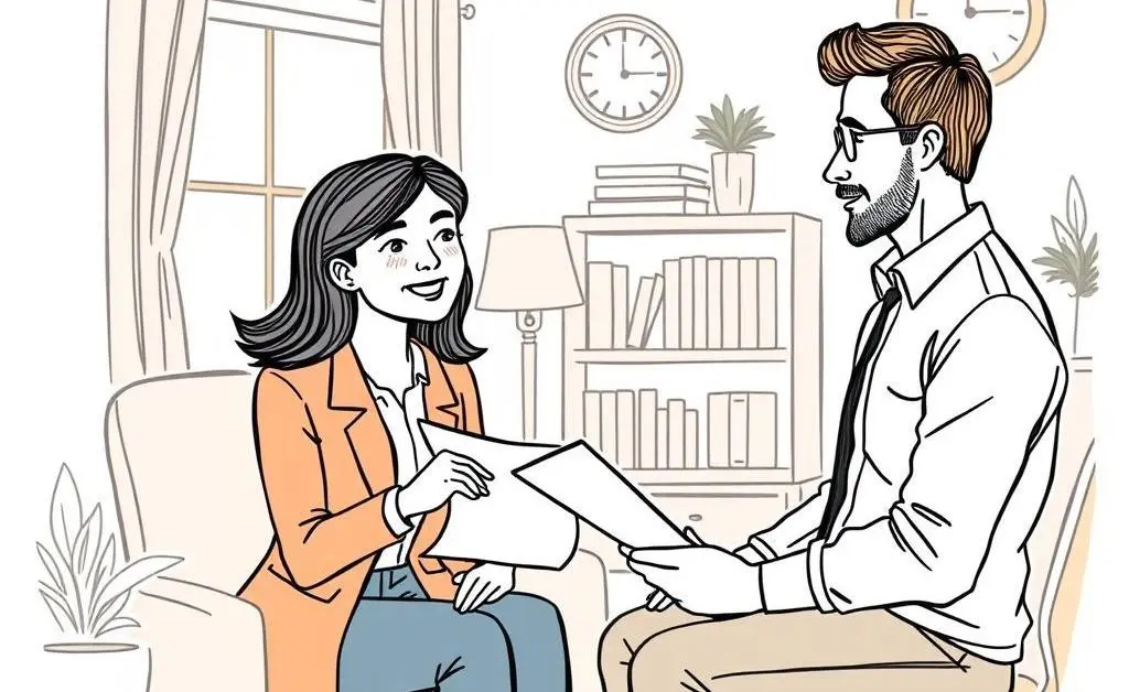 A real estate agent consulting with a client in a cozy office setting.