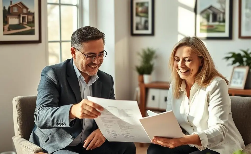 A friendly meeting between a real estate agent and a homebuyer, discussing a checklist of home features.