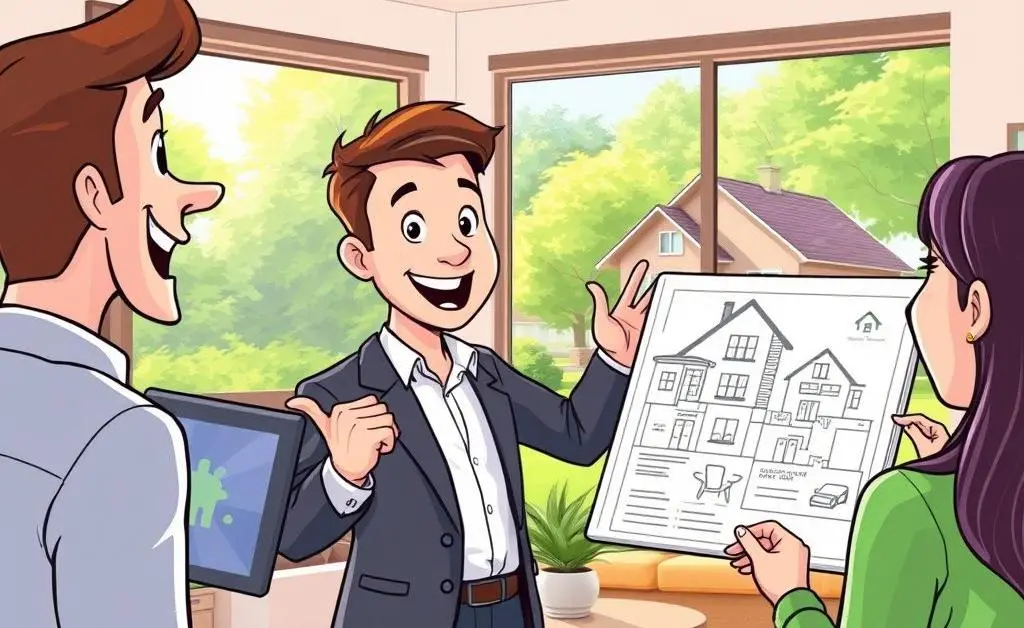 Real estate agent showing a home listing to clients
