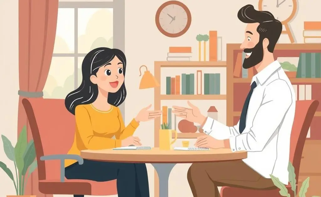 Illustration of a friendly conversation between a homebuyer and real estate agent at a cozy office