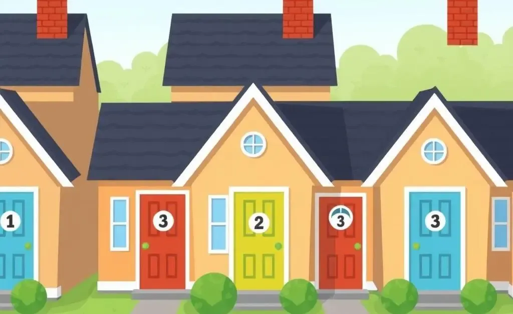 A real estate agent knocking on a door in a friendly neighborhood setting