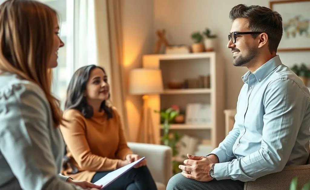 A real estate agent shaking hands with a couple in a bright office setting.