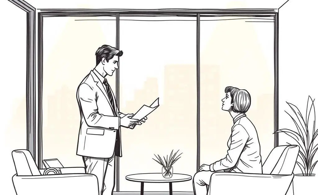 Hand-drawn image of real estate agent meeting a couple