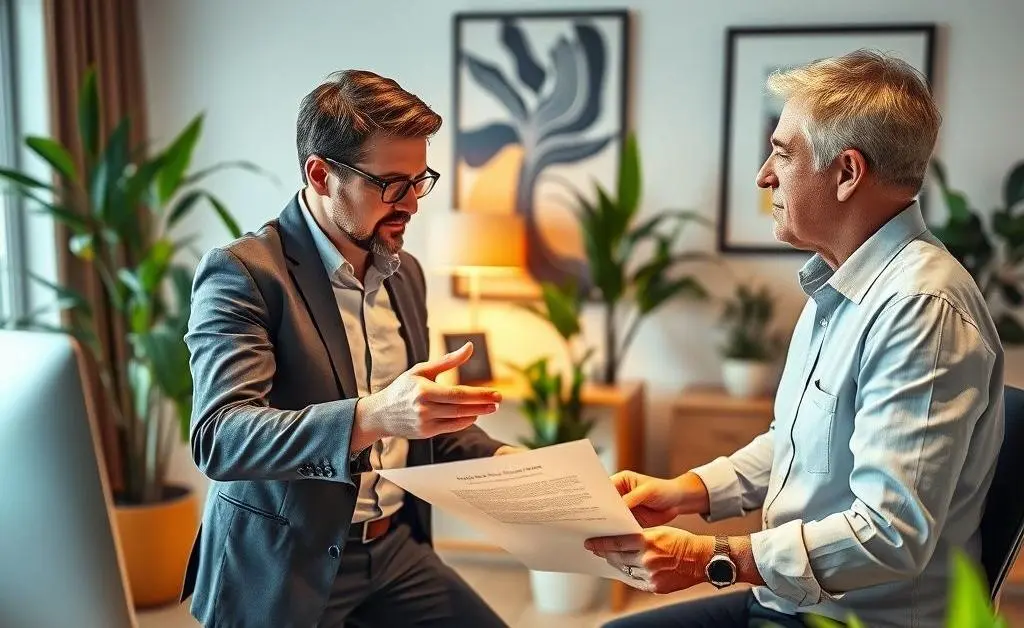 Illustration of real estate agent negotiating with homeowner.