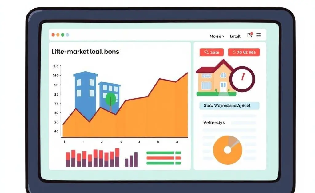 A stylized depiction of a computer screen showing real estate market analysis