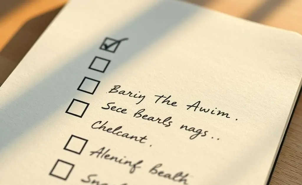 A detailed checklist on a notepad, with check marks and annotations.