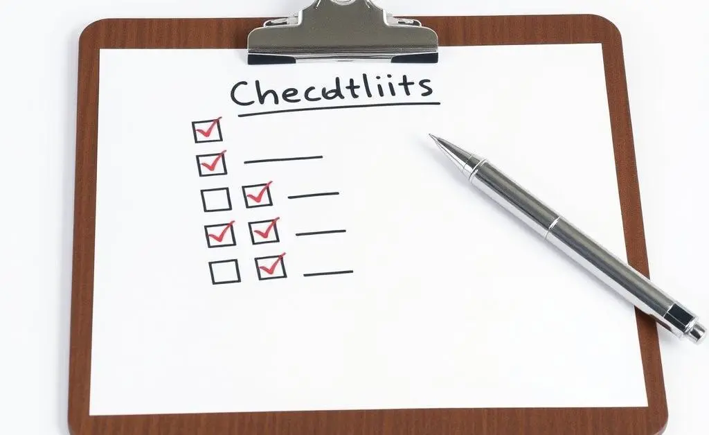 A checklist on a clipboard with a pen beside it