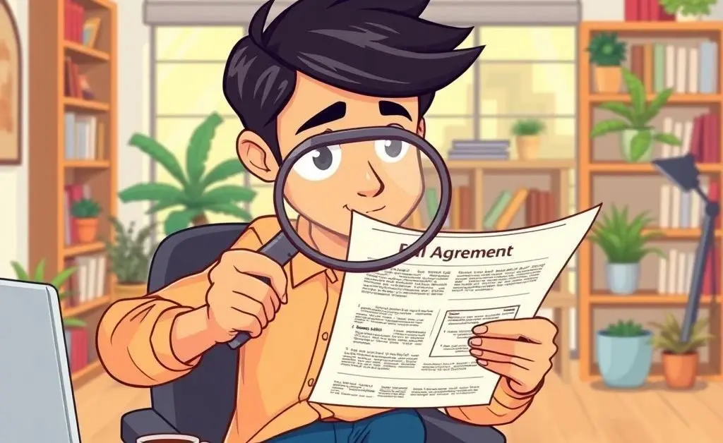 A person reviewing a real estate contract with a magnifying glass.