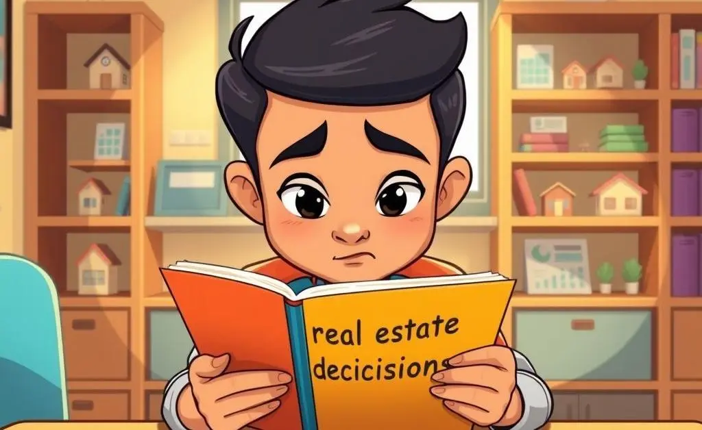 A cartoon character sitting at a table, pondering over a 'Real Estate Decisions' notebook.