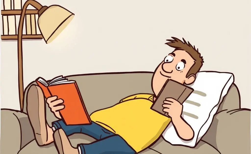 Cartoon of a person lounging on a couch with real estate investing books.