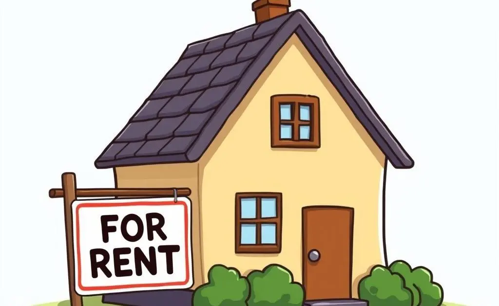 Cartoon-style image of a small property with a 'For Rent' sign, symbolizing real estate investment.