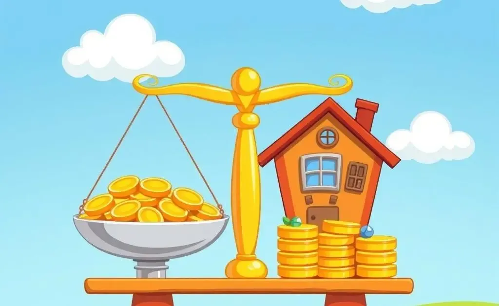 A balance scale with a house on one side and a stack of coins on the other