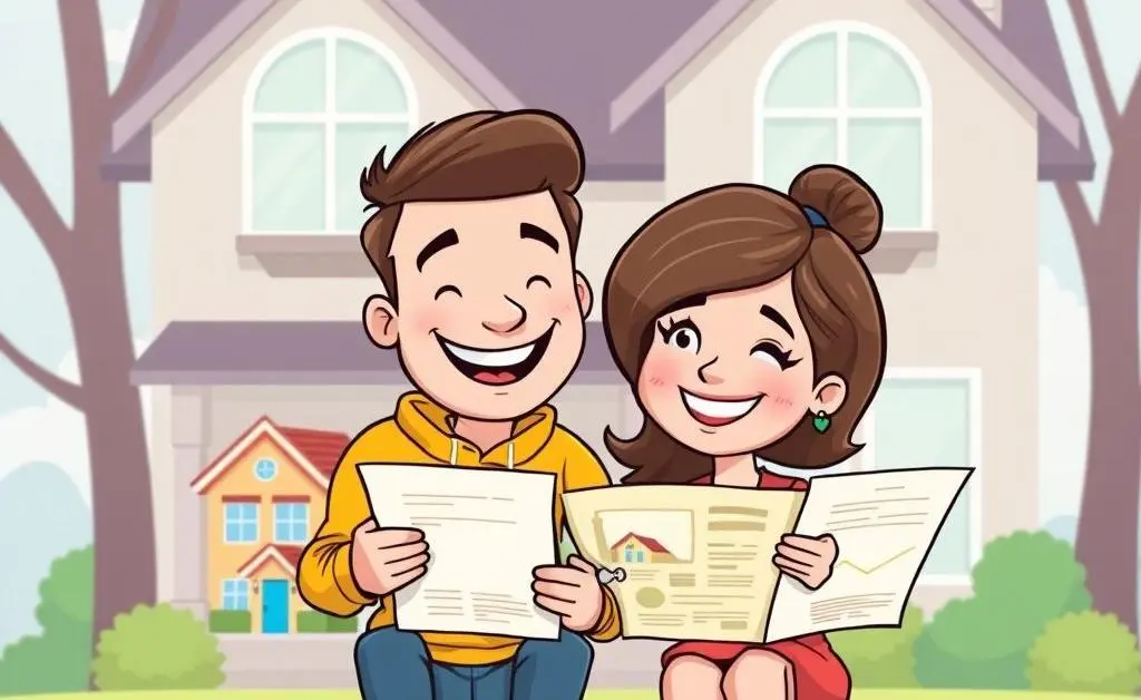 Couple reviewing real estate listings in cartoon style