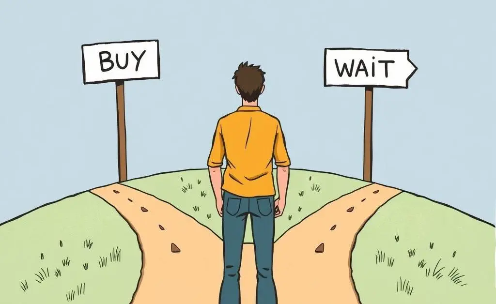 An illustration of a person standing at a crossroads with paths leading to 'Buy' and 'Wait'.