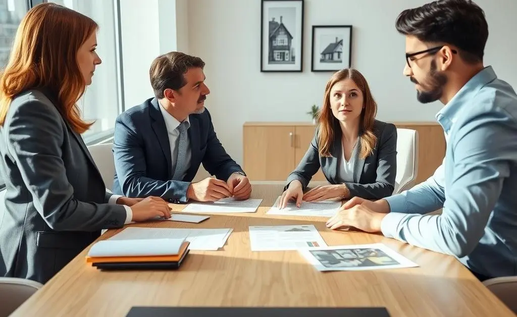 Two people discussing a house sale in an office setting, with documents on the table.