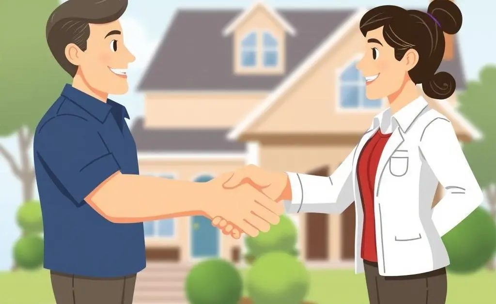 Illustration of a handshake between a homeowner and a realtor with a house in the background.