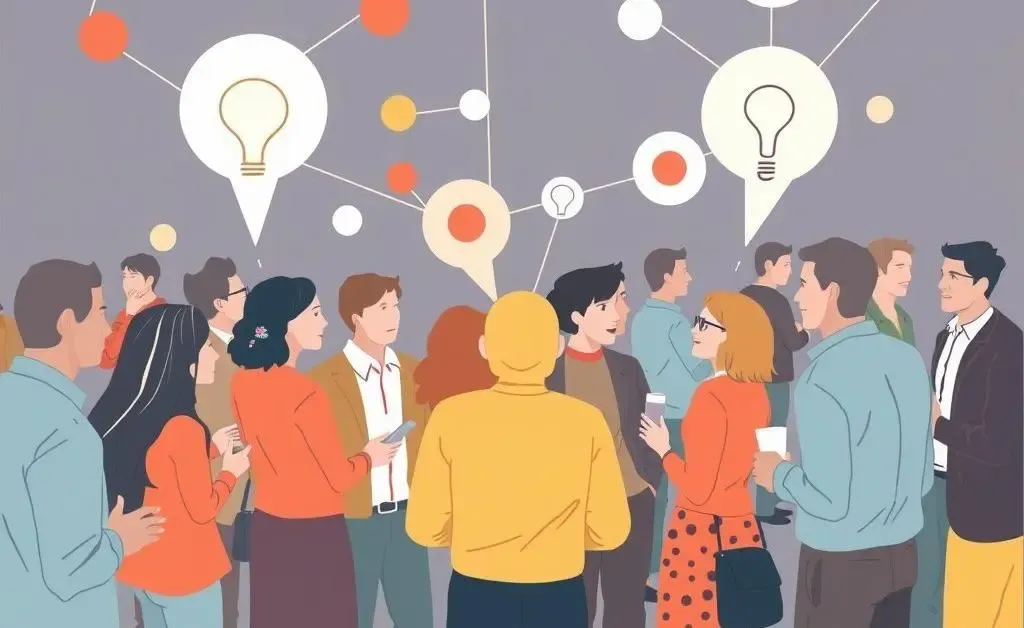 An illustration of people connecting and exchanging ideas at a networking event.