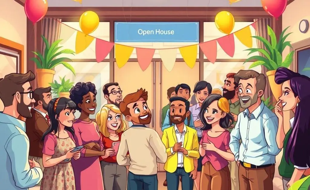 Open house scene with people chatting happily