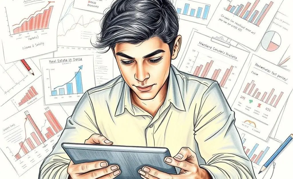 Hand-drawn depiction of someone researching real estate