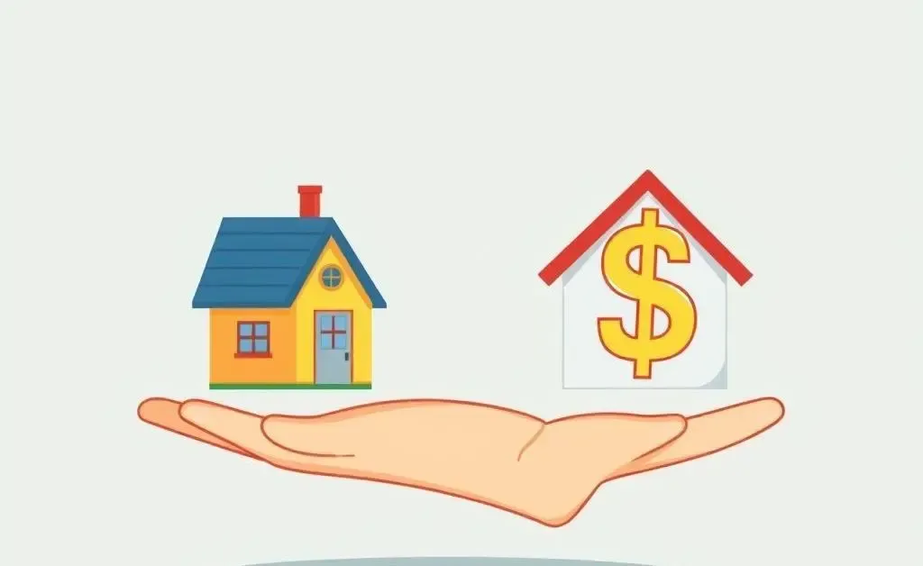 A cartoon hand balancing a house on one side and a dollar symbol on the other, emphasizing risk and reward