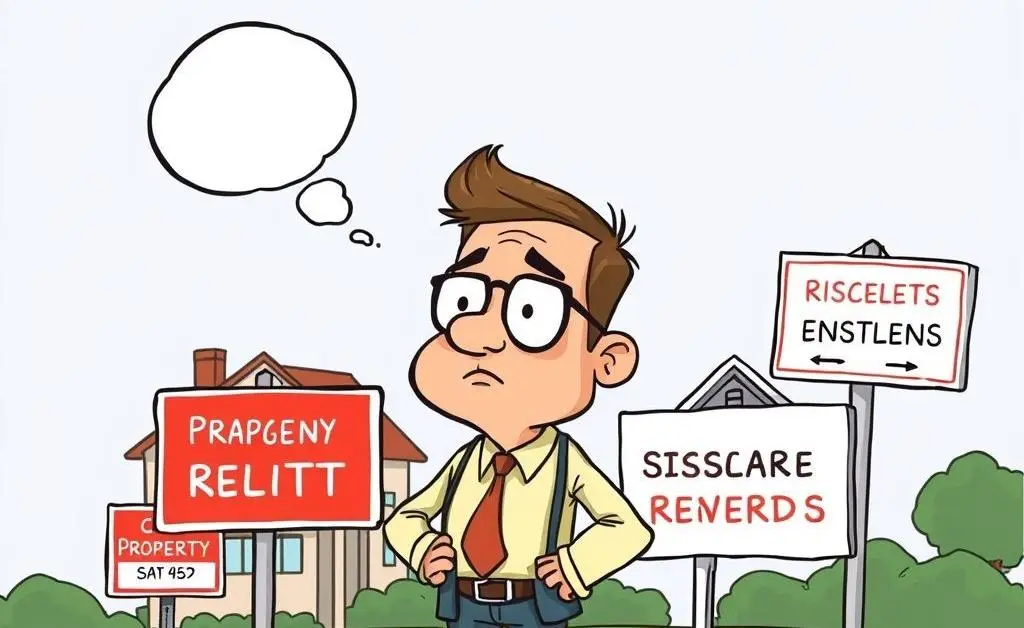 Cartoon of a real estate investor looking concerned over various property signs labeled with risks and rewards.