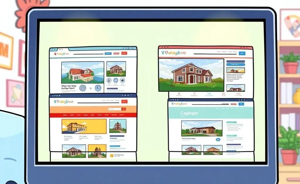 Comparing multiple real estate sites on a computer screen.