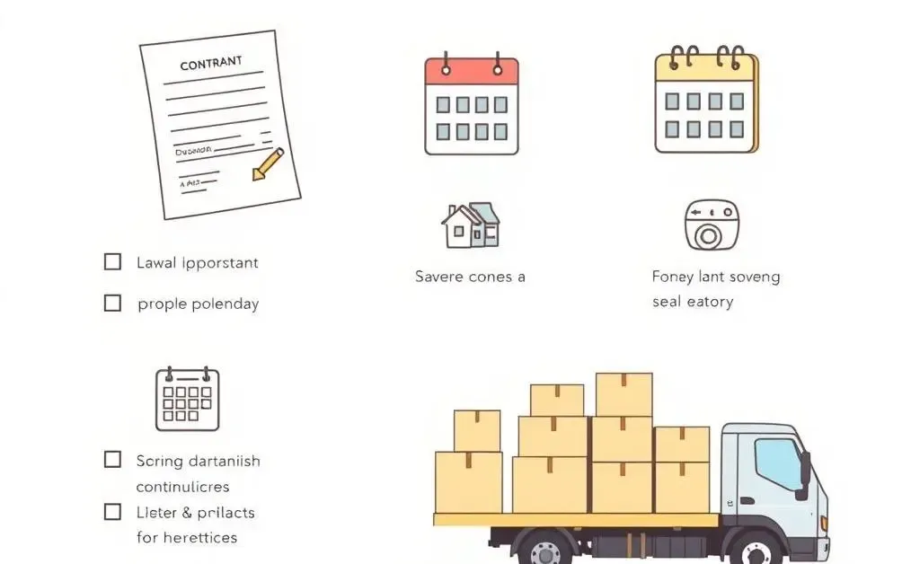 Illustrated checklist of tasks related to real estate with icons like a contract, calendar, and moving truck.