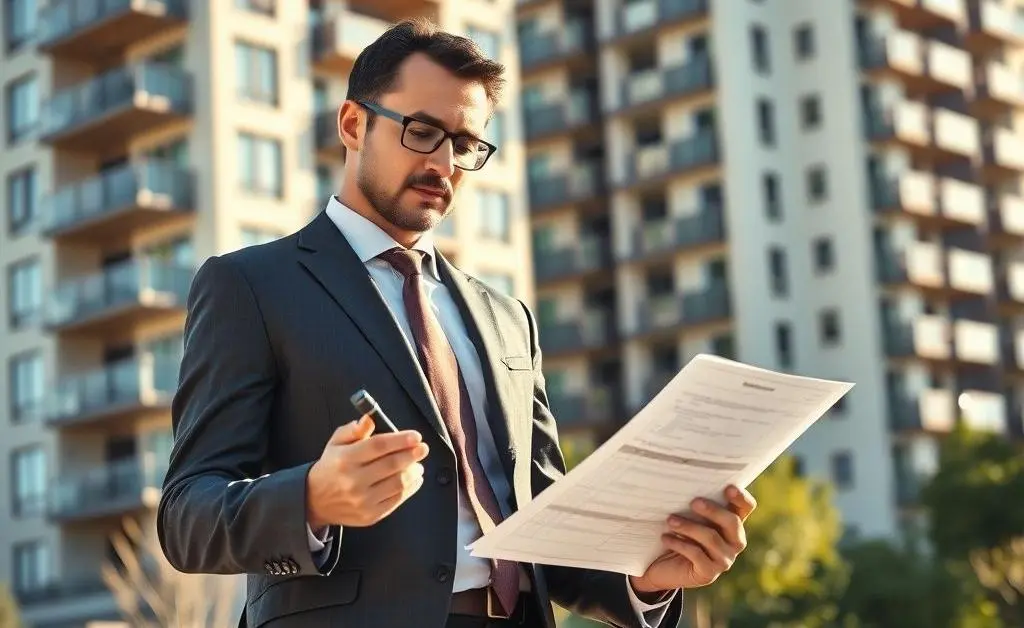 Real estate investor with a checklist by a property