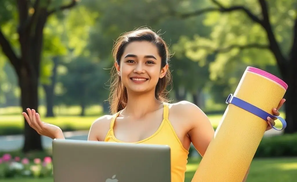 An individual enjoying work-life balance, holding a laptop in one hand and a yoga mat in the other.