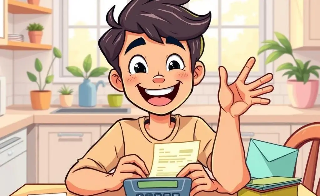 A person happily managing bills at a kitchen table